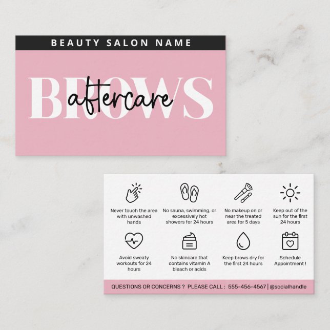 Modern Pink Brows Aftercare PMU Brow Instructions Business Card (Front/Back)