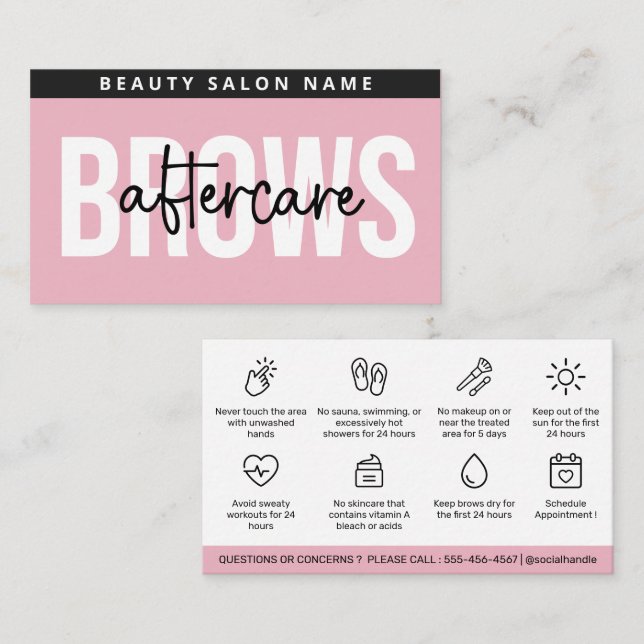 Modern Pink Brows Aftercare PMU Brow Instructions Business Card (Front/Back)