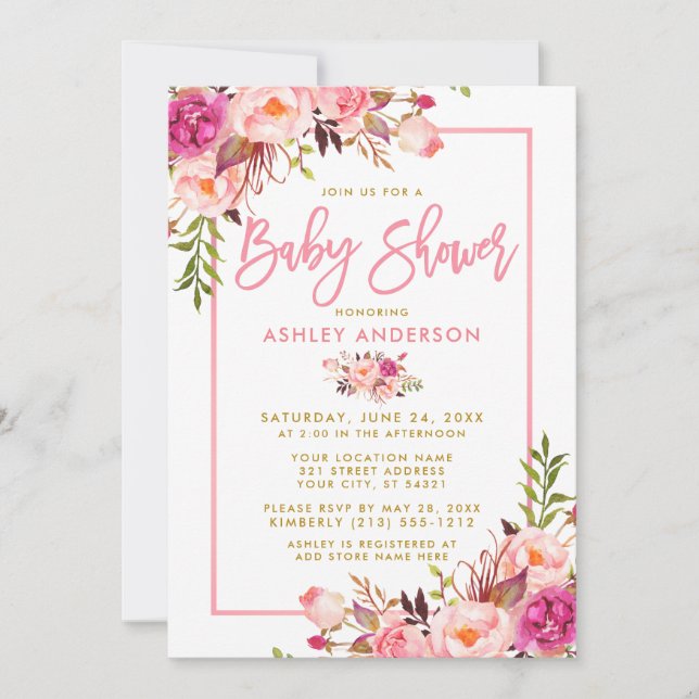 Modern Pink Brush Script Floral Gold Baby Shower Invitation (Front)