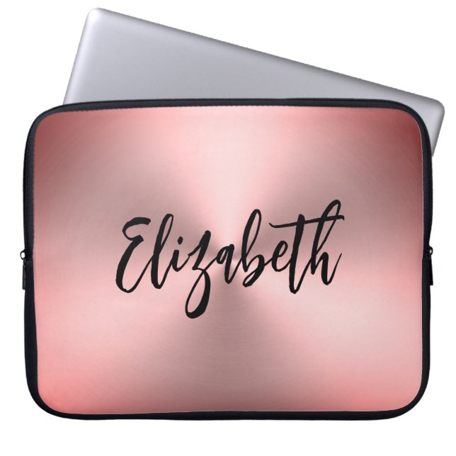 Modern Pink Brushed Metal Look Script Name Laptop Sleeve (Front)