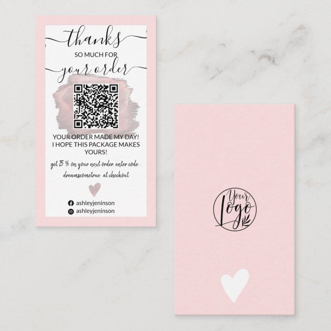 Modern pink brushstroke logo Qr code thank you Business Card (Front/Back)