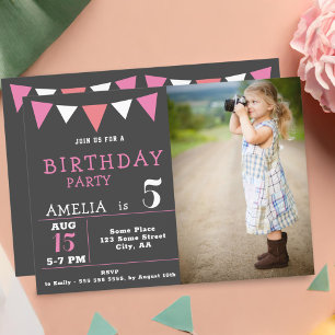 Modern Pink Bunting Flags Photo Birthday Party Invitation