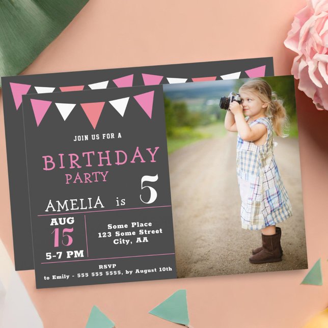 Modern Pink Bunting Flags Photo Birthday Party Invitation (Creator Uploaded)