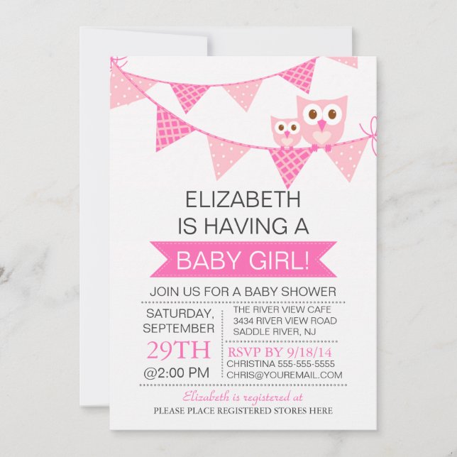 Modern Pink Bunting Owl GIRL Baby Shower Invitation (Front)