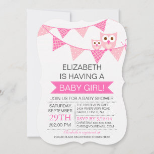 Modern Pink Bunting Owl GIRL Baby Shower Invitation