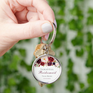 Modern Pink Burgundy Floral Bridesmaid Metal Keych Key Ring