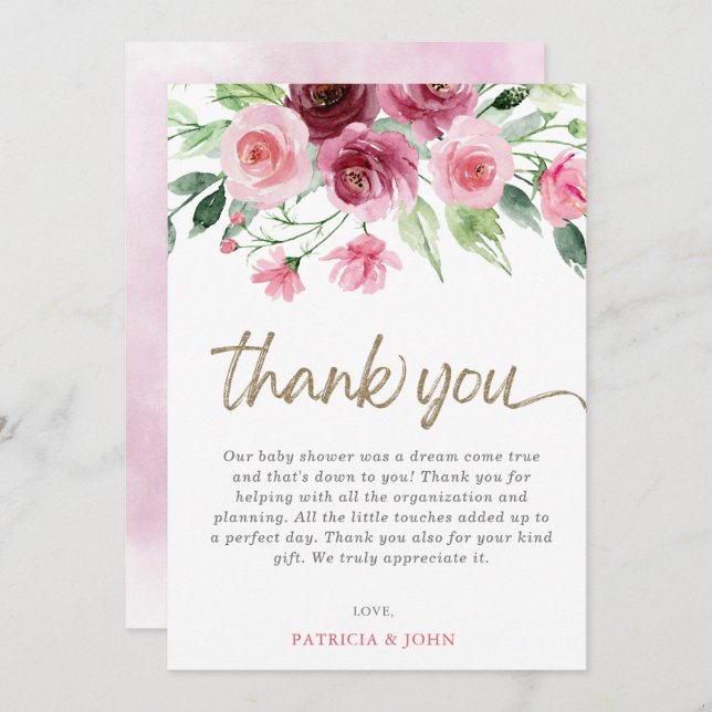 Modern Pink Burgundy Floral Girl Baby Shower Thank You Card (Front/Back)