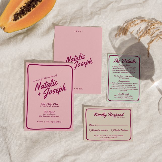 Modern Pink Burgundy Retro Fun Whimsical Wedding Invitation (Creator Uploaded)