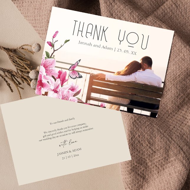 Modern Pink Butterflies Floral Photo Wedding Thank You Card (Modern Pink Butterflies Floral Photo Wedding Thank You Card)