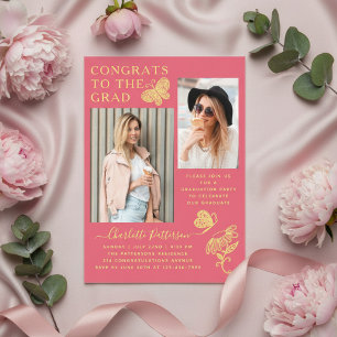 Modern Pink Butterfly Photo Graduation Party Acrylic Invitations