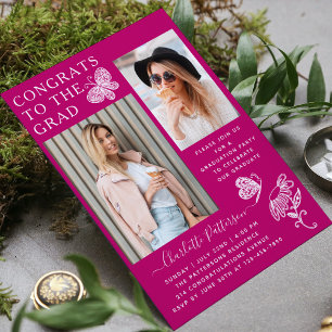 Modern Pink Butterfly Photo Graduation Party Invitation
