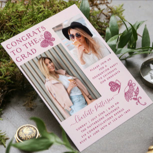 Modern Pink Butterfly Photo Graduation Party Invitation