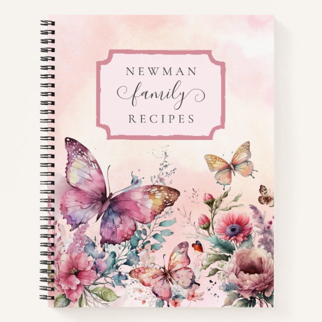 Modern Pink Butterfly Wild Flower Family Recipe Notebook (Front)