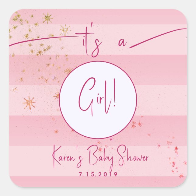 Modern Pink Cabana Stripes & Gold Stars Girl Baby  Square Sticker (Front)