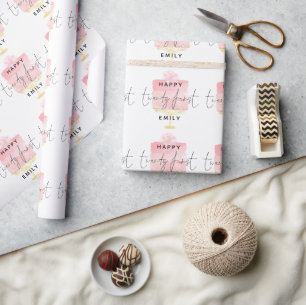 Modern Pink Cake Pattern Name Happy 21st Birthday  Wrapping Paper