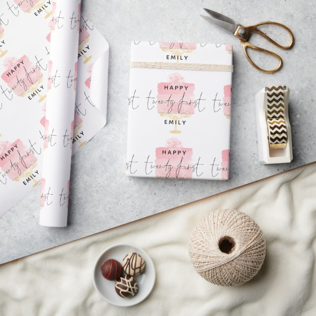 Modern Pink Cake Pattern Name Happy 21st Birthday  Wrapping Paper (Crafts)