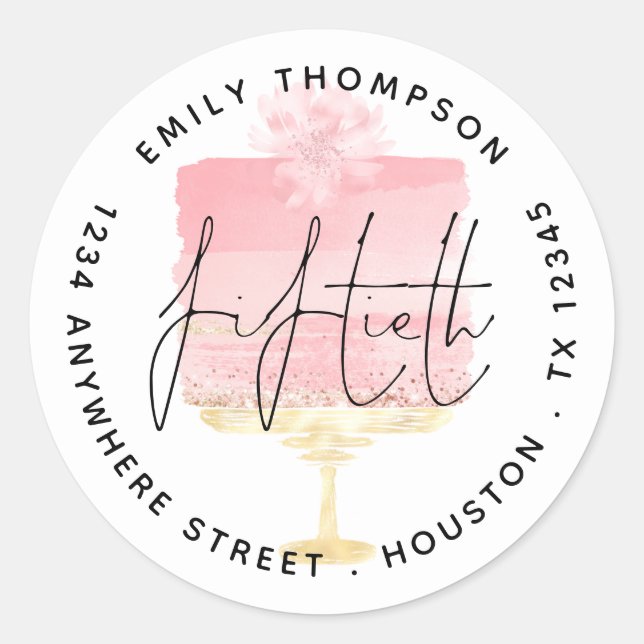 Modern Pink Cake Script 50th Name Return Address Classic Round Sticker (Front)