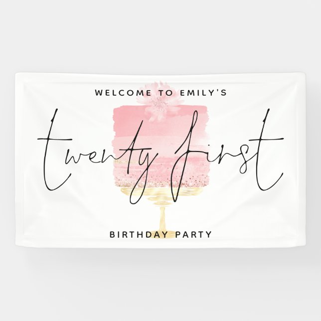Modern Pink Cake Welcome Name Script 21st Birthday Banner (Horizontal)