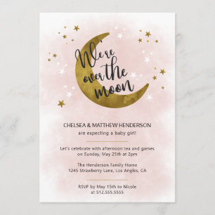 Modern Pink Calligraphy Over The Moon Baby Shower Invitation