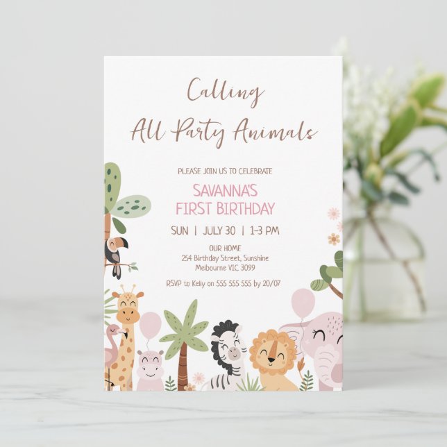 Modern Pink Calling All Party Animals Birthday Invitation (Standing Front)