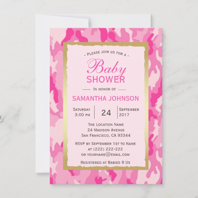 Modern PINK CAMO Baby Shower Invitations - Girl (Front)