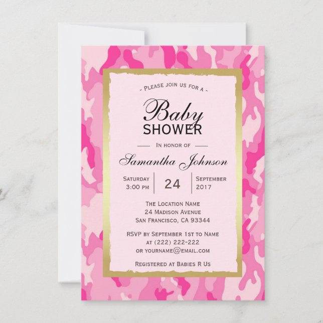 Modern PINK CAMO Baby Shower Invitations - Girl (Front)