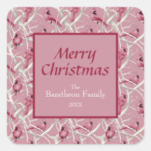 Modern Pink Cardinal Bird Merry Christmas Square Sticker