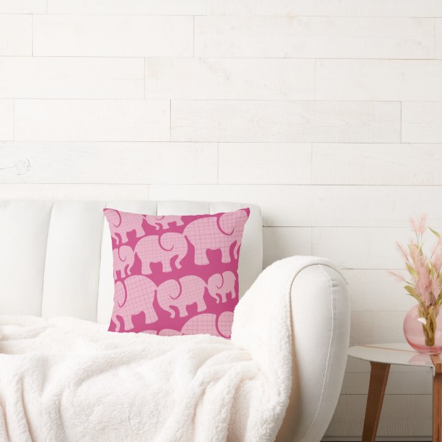 Modern Pink Checked Elephant Pattern Cushion (Couch)