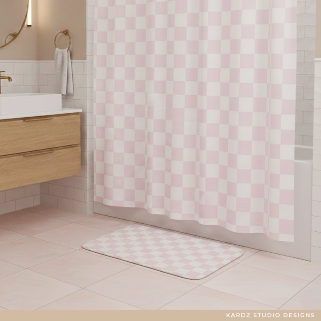 Modern Pink Checkered Pattern Bath Mat (Shower curtain sold separately. )