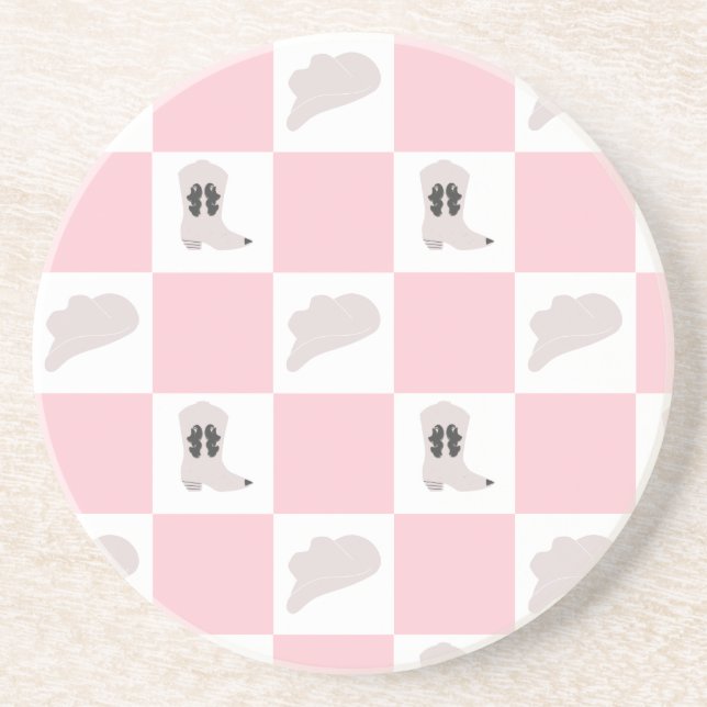 Modern Pink Chequered Cowgirl Rodeo Pattern Coaster (Front)