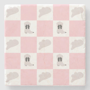 Modern Pink Chequered Cowgirl Rodeo Pattern Stone Coaster