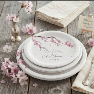 Modern Pink Cherry Blossom Floral Watercolor Paper Plate
