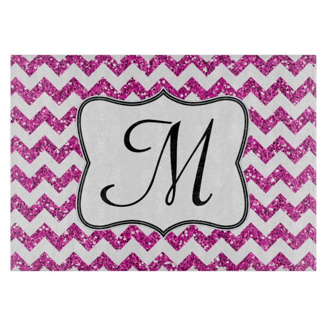 Modern Pink Chevron Monogram Glass Cutting Board (Front)