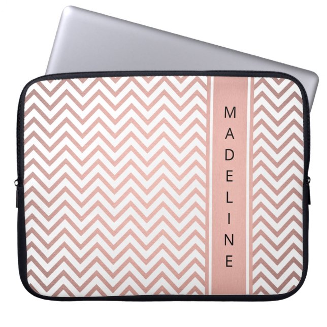 Modern Pink Chevron Pattern Girly Faux Rose Gold Laptop Sleeve (Front)