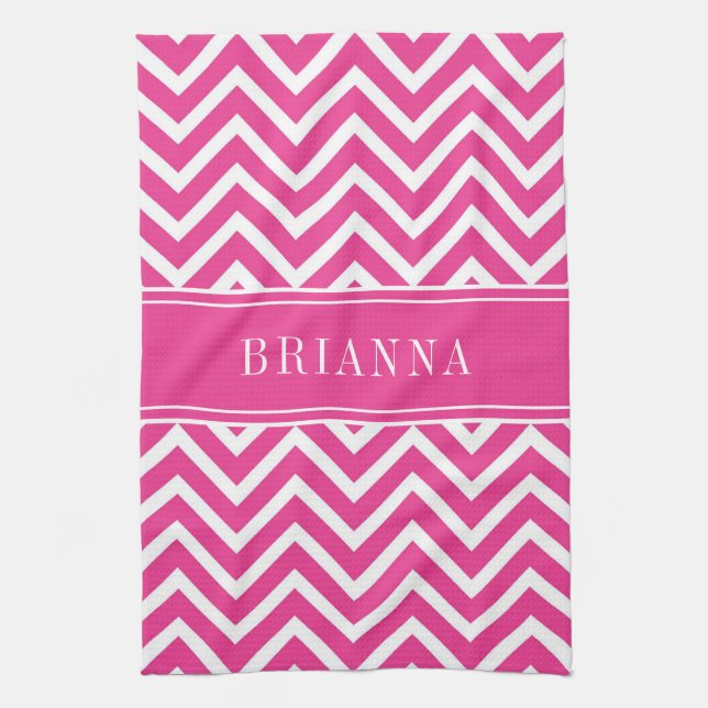 Modern Pink Chevron Stripes Name Tea Towel (Vertical)