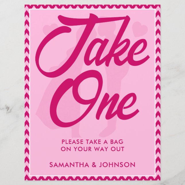 Modern Pink Chevron Take One Wedding Favour Sign (Front)