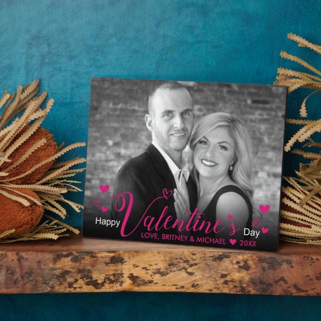 Modern Pink Chic Script Hearts Black White Photo Plaque (Side)