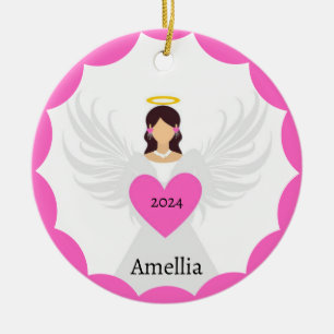Modern Pink Christmas Angel Heart Custom Name Year Ceramic Ornament