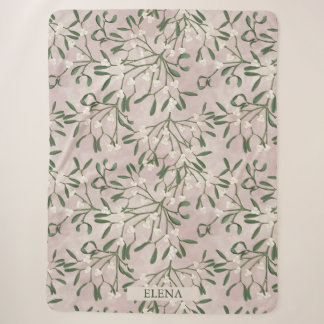 Modern Pink Christmas Mistletoe & Winter Berries  Sherpa Blanket