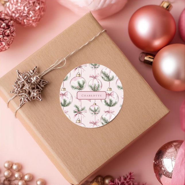 Modern Pink Christmas Ornament Personalised Sticke Classic Round Sticker (Creator Uploaded)