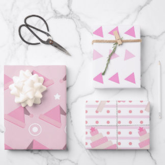 Modern Pink Christmas Pattern Set of 3  Wrapping Paper Sheet