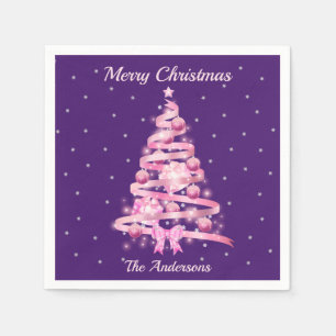 Modern Pink Christmas Tree Custom Name Napkin