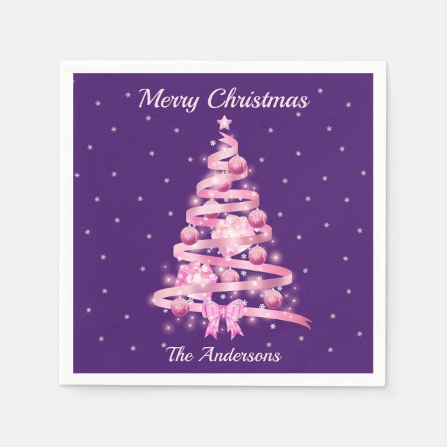 Modern Pink Christmas Tree Custom Name Napkin (Front)