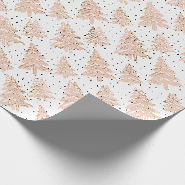 Modern Pink Christmas Tree & Gold Glitter-Pattern Wrapping Paper (Corner)
