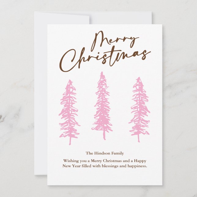 modern Pink Christmas Tree Holiday Card (Front)