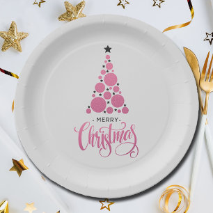 Modern Pink Christmas Tree Holiday Paper Plate
