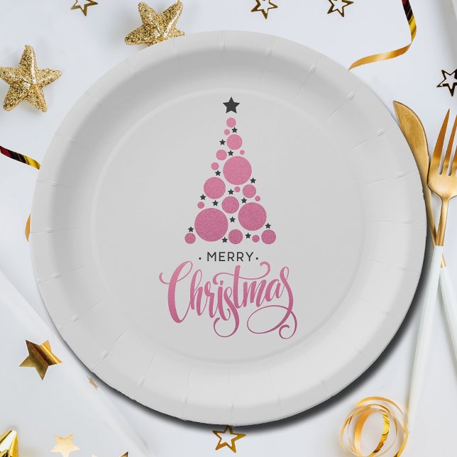 Modern Pink Christmas Tree Holiday Paper Plate (Modern Pink Christmas Tree Holiday Paper Plates)