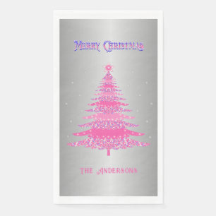 Modern Pink Christmas Tree Name Custom Silver Foil Napkin