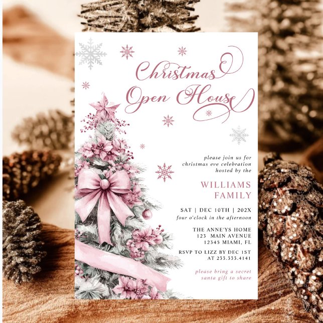 Modern Pink Christmas Tree Open House Party Invitation (Creator Uploaded)