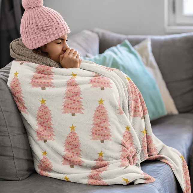 Modern Pink Christmas Trees Fleece Ivory Blanket (Creator Uploaded)